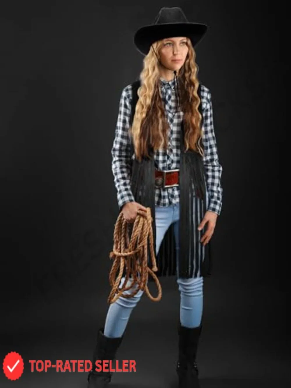 Faux Suede Fringe Vest with Cowgirl Hat 70s Hippie Western